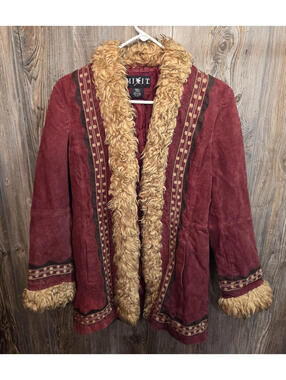 Mixit Jacket Women Small Red Brown Faux Fur Trim Suede Leather Boho Western Coat